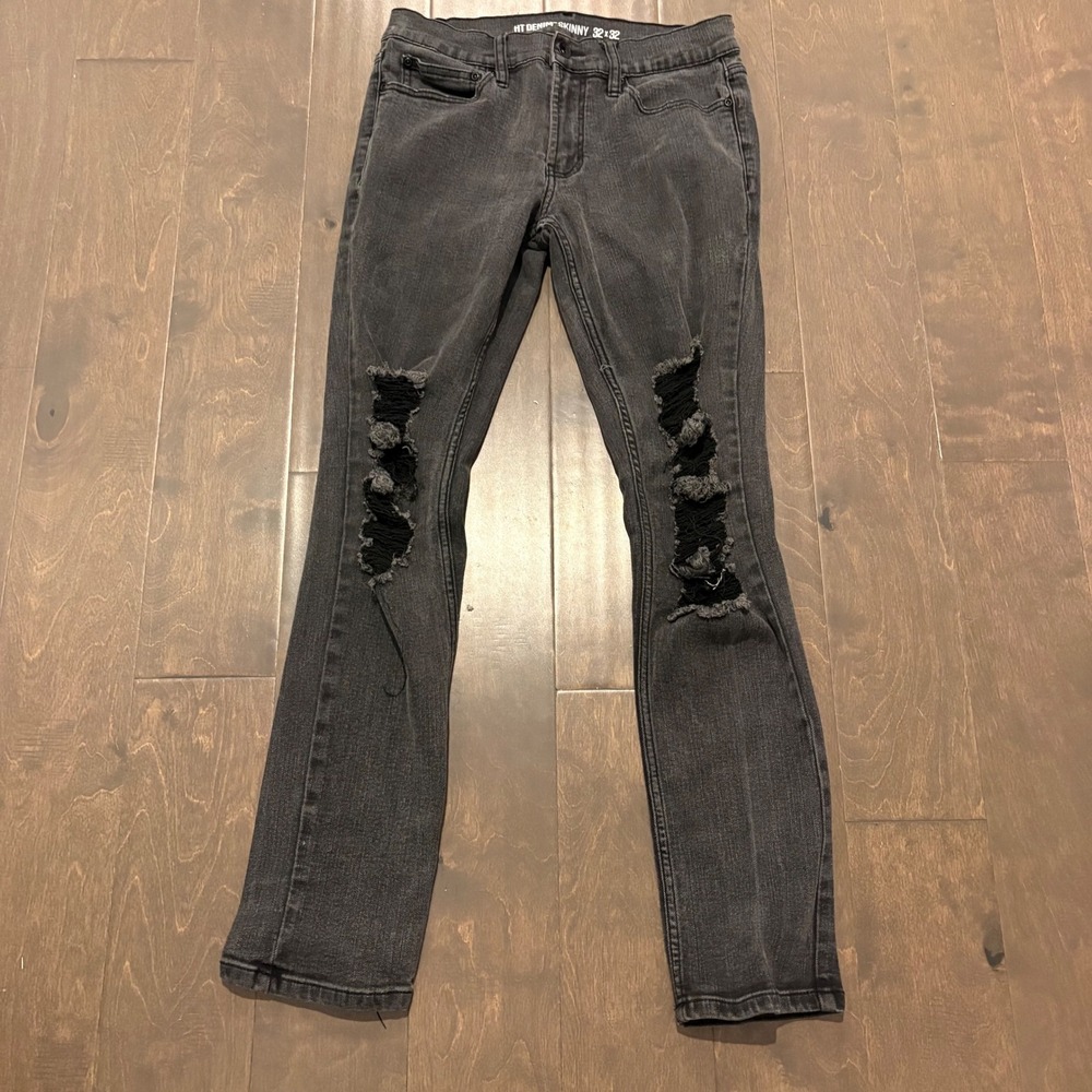 Hot Topic HT Denim Skinny Jeans Distressed Ripped Black Wash Mens 32x32